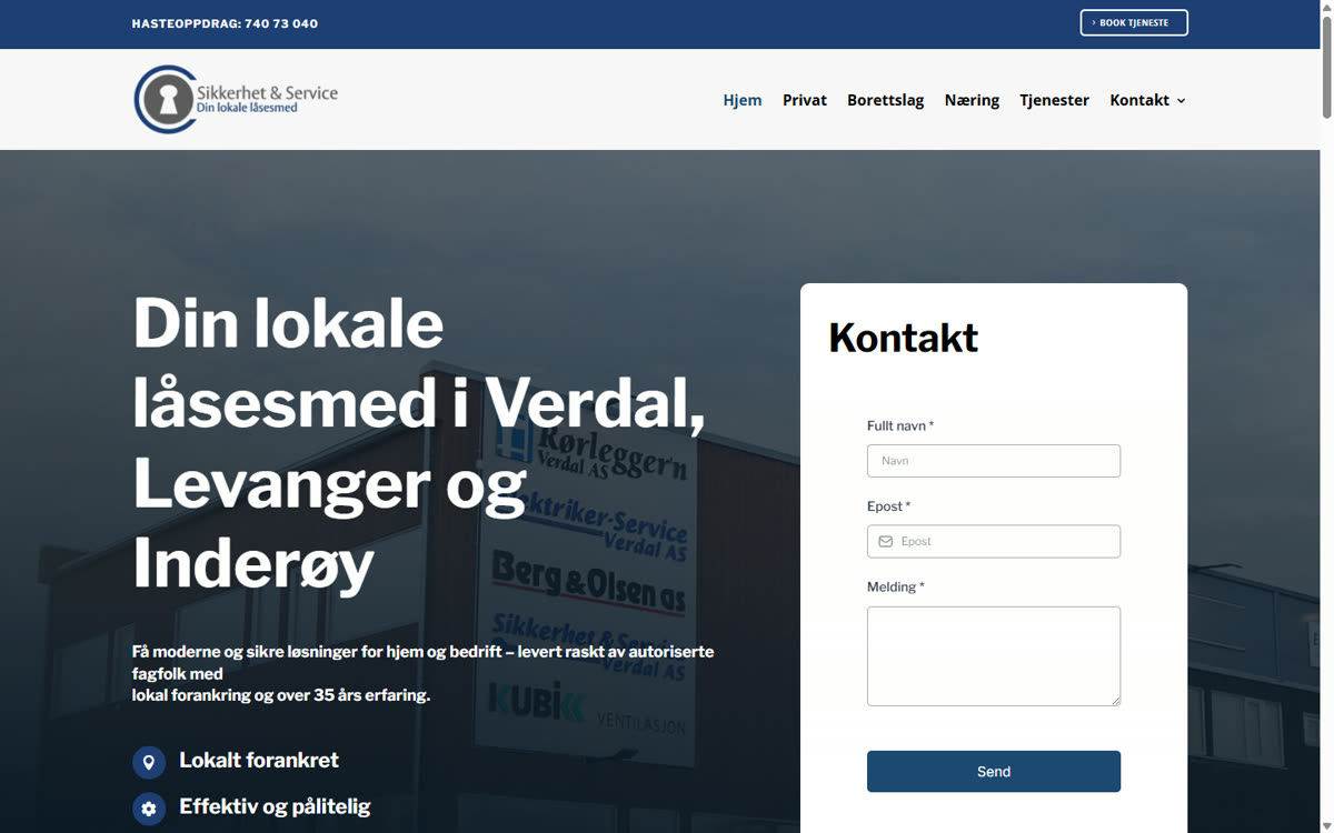 Nettsiden til Sikkerhet & Service, låsesmed i Verdal